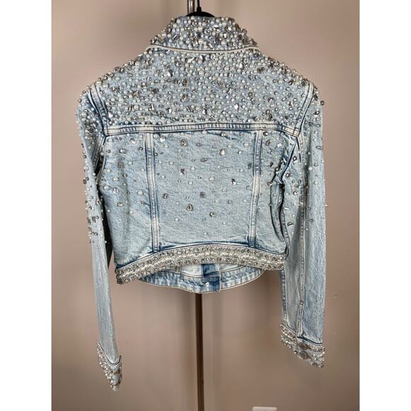 ALICE + OLIVIA Nelson Crystal Pearl Embellished Rockstar Blue Denim Jacket Sz XS - Picture 7 of 9
